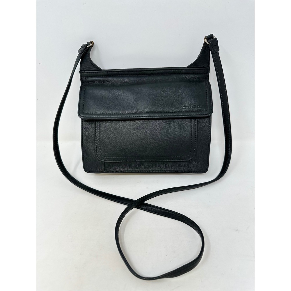 Vintage Fossil Pebbled Leather Crossbody Organizer Purse Black SL8798